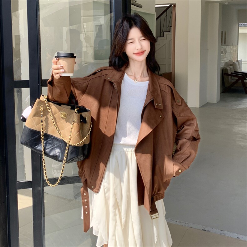 深棕色复古麂皮绒立领短外套女2025秋韩系新款高级感气质时尚夹克图片