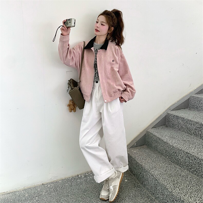 粉色撞色翻领外套女2025秋季新款韩系氛围感超好看小个子甜酷夹克,女装短外套,2C201