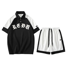 夏款学生撞色拼接半袖套装印花翻领短裤T恤男女7805-P75控价108，男装T恤，电商A441