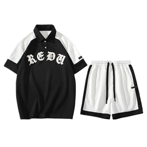 夏款学生撞色拼接半袖套装印花翻领短裤T恤男女 7805-P75控价108图片