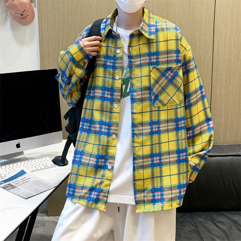 长袖格子衬衫港风ins宽松衬衣男夏季潮流百搭休闲外套CS01136-P38,男装衬衫,星座308B-1