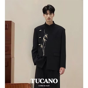 风男立领西装中式竹刺绣单排扣中山装外套大码S-5XL J62 P68图片