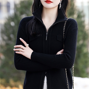 春秋款羊毛针织双拉链开衫女纯色坑条高领毛衣外套修身上衣图片