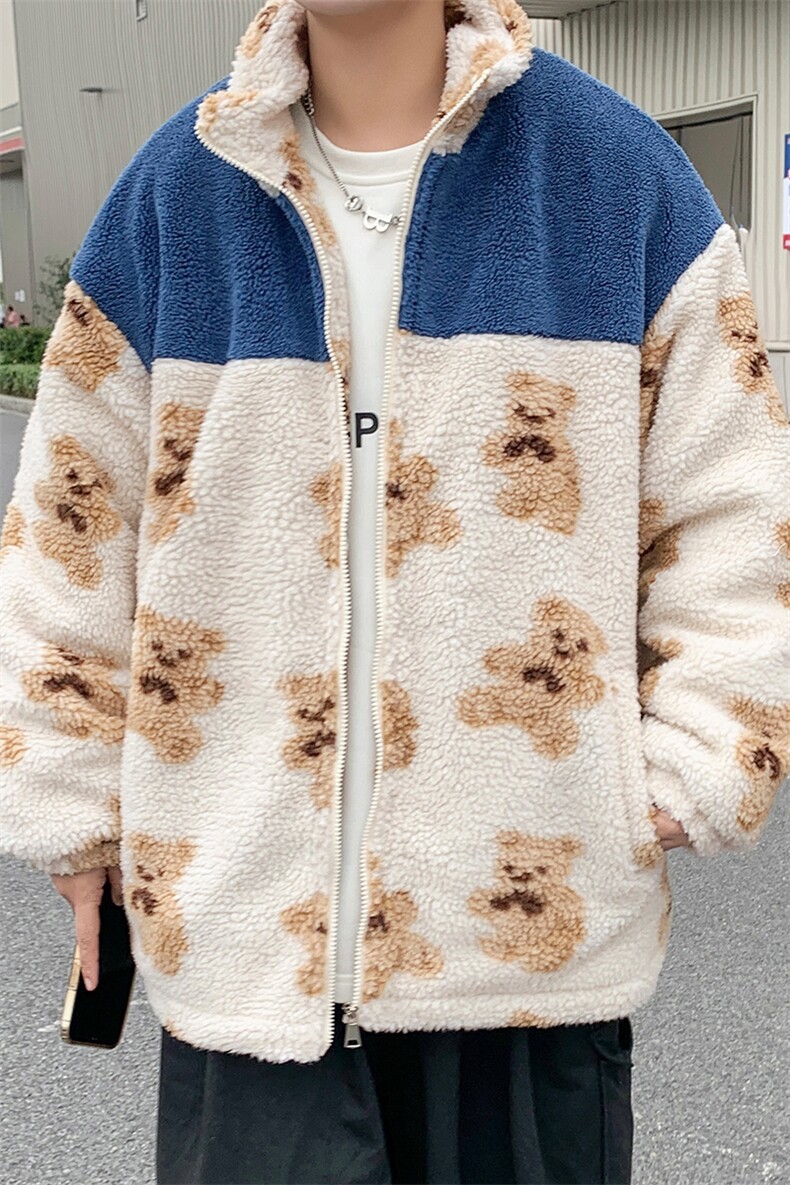 M8022P90港风外景立领卡通小熊印花百搭加棉加厚羊羔毛学生潮,男装棉衣,电商A026-1