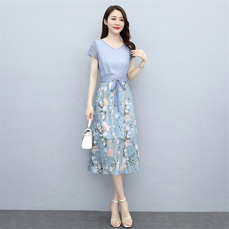 2025夏季碎花雪纺收腰假两件连衣裙女气质拼接裙子温柔长裙,女装连衣裙,牡丹诺