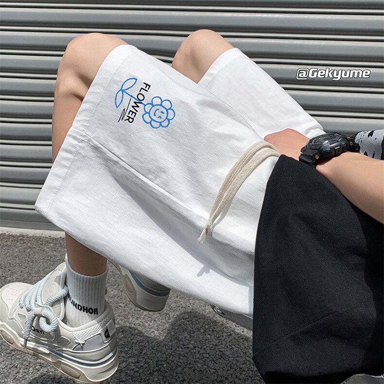 YD33274-P25 港风潮牌亚麻短裤男大码棉麻五分裤男中裤沙滩裤图片