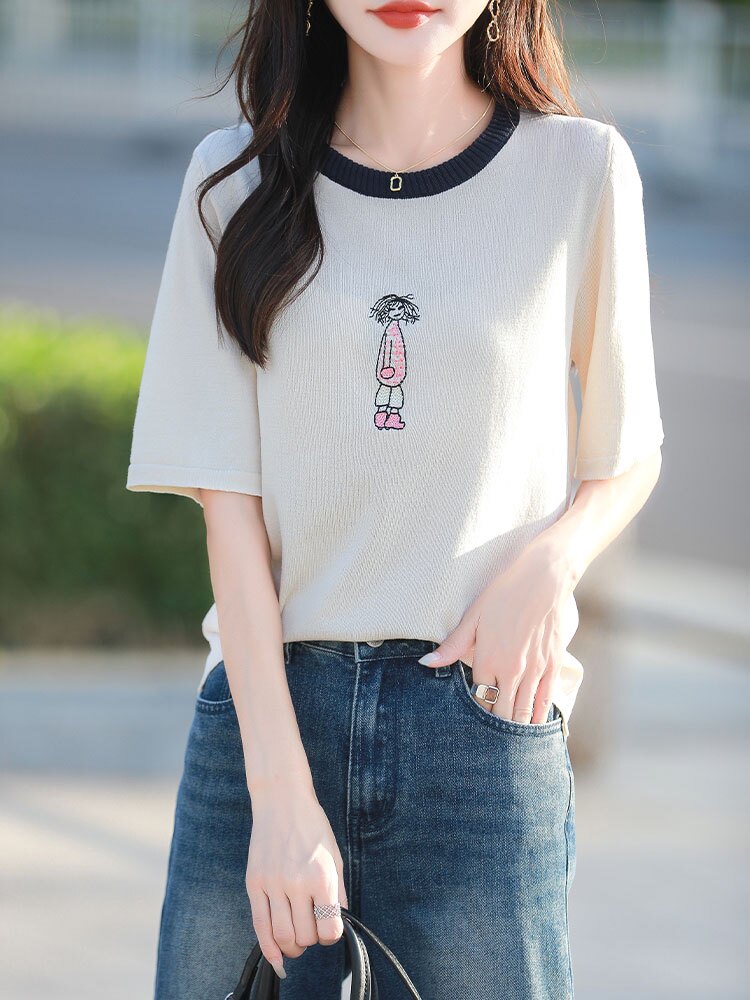 2025年夏季凉感薄款刺绣女孩短袖,女装T恤,萱芳婷羊绒