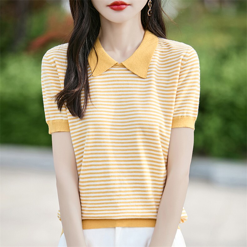条纹短袖t恤女装2025夏季新款洋气小个子气质上衣羊毛针织衫百搭,女装T恤,斯美雅安迪绒