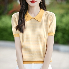 条纹短袖t恤女装2025夏季新款洋气小个子气质上衣羊毛针织衫百搭，女装T恤，斯美雅安迪绒