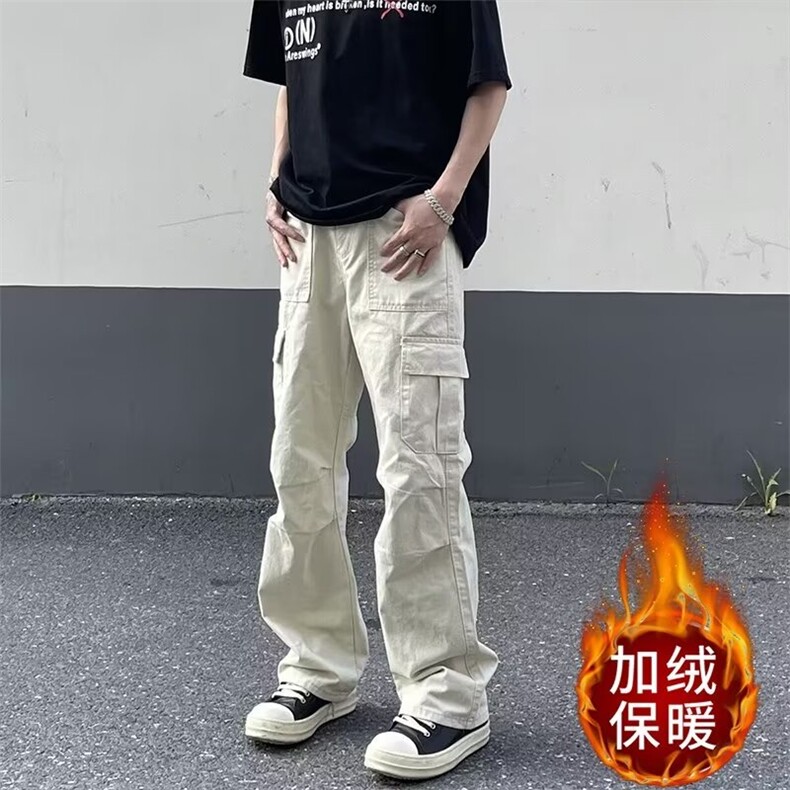 美式工装裤男潮日系宽松褶皱工装裤痞帅加绒直筒长裤子MK179P47,男装工装外套,星座1013-5