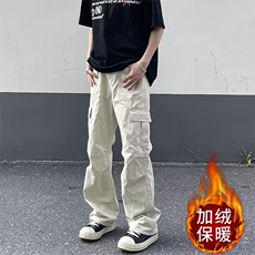 美式工装裤男潮日系宽松褶皱工装裤痞帅加绒直筒长裤子MK179P47，男装工装外套，星座1013-5