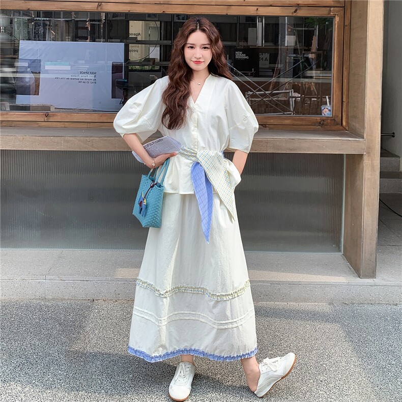 蓝色高级感衬衫套装裙女2025夏季新款巨好看气质绝美半身裙两件套图片