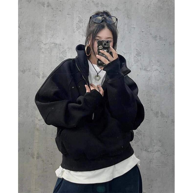 抖音得物二开美式重磅宽松结构拉链设计防风高领连帽卫衣外套W76,男装卫衣,电商A486