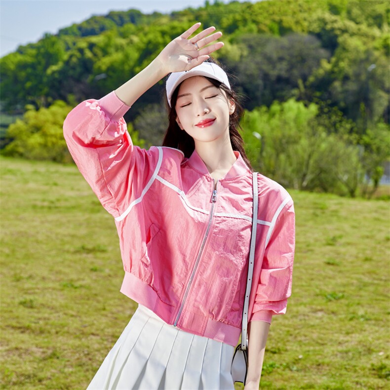 橘色薄款防晒衣上衣女2026夏季新款立领拼色宽松休闲百搭短款上衣,女装短外套,帛香坊