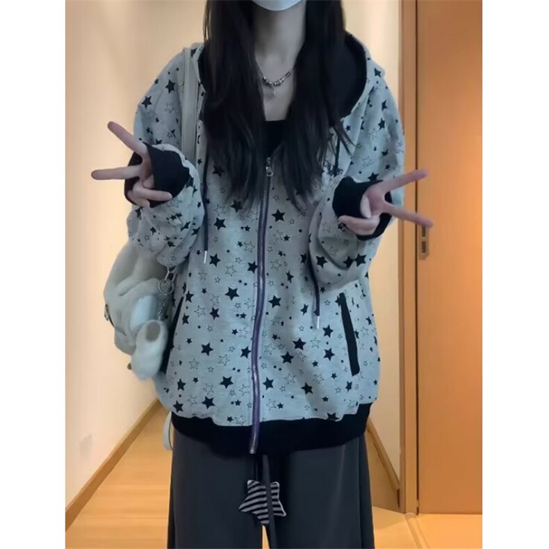 秋冬潮牌复古满印星星拉链卫衣宽松开衫外套男女情侣WV3032,女装短外套,星座1116A（原606A-3）