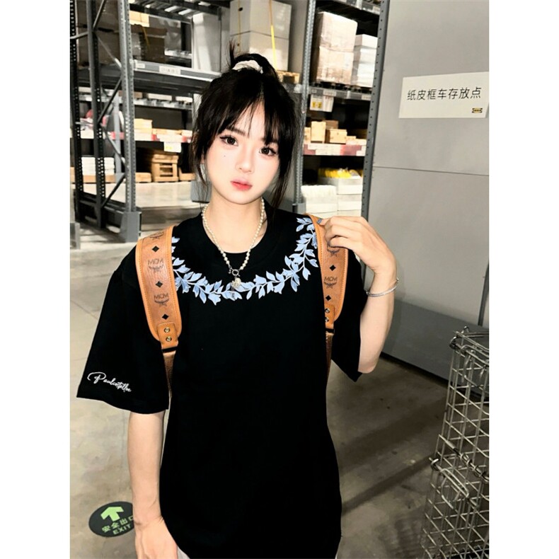H0979-P35高版本#原版全刺绣内里铺布包边拉肩宽松休闲短袖T恤,女装T恤,星座617A-2