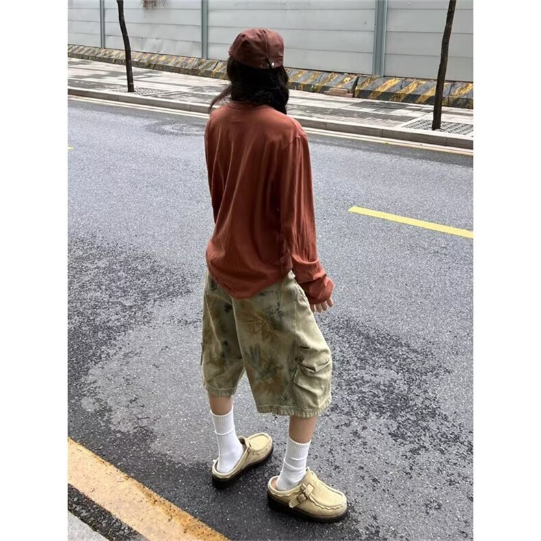 夏季美式高街做旧复古脏染牛仔裤阔腿七分裤子男女情侣短裤弯刀裤,男装牛仔裤,星座506A