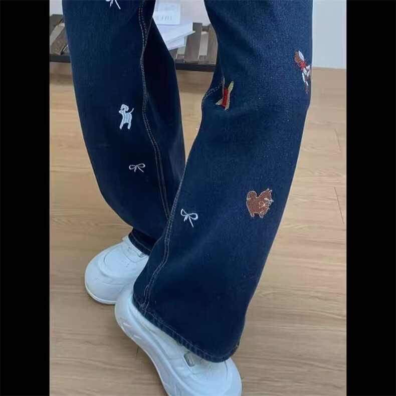 美式涂鸦刺绣阔腿牛仔裤女春秋季设计感小众高腰显瘦直筒拖地裤子,男装牛仔裤,星座506A