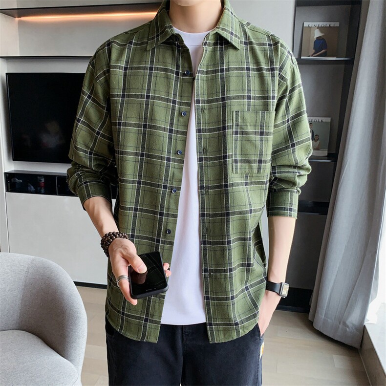 ins格子衬衫男士长袖韩版潮流休闲秋季衬衣外套DF02T,男装衬衫,电商A102