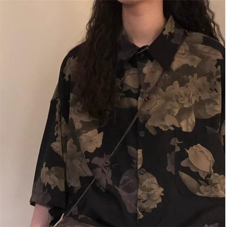 美式复古植物花卉满印短袖衬衫外套男女宽松五分袖衬衣夏季新款,男装衬衫,星座506A