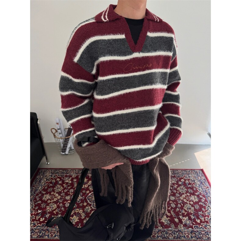 JY299-P59高街条纹撞色v领针织衫翻领毛衣男潮流宽松网图，男装针织衫/毛衣，星座1501-3