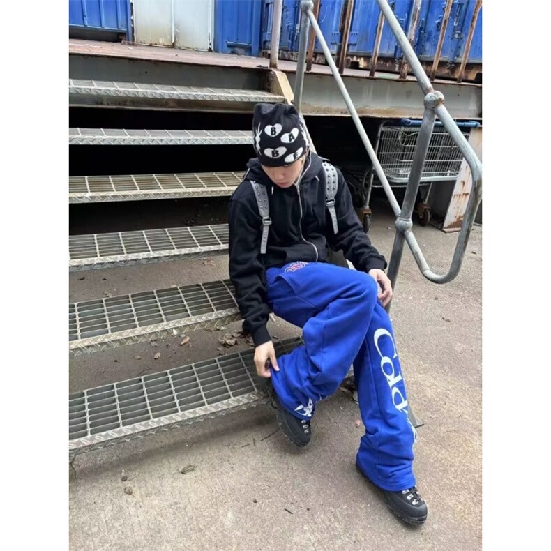 美式街头亚幻蝎子印花蓝色卫裤男女款宽松休闲设计感百搭运动长裤,男装休闲裤,四季星座505