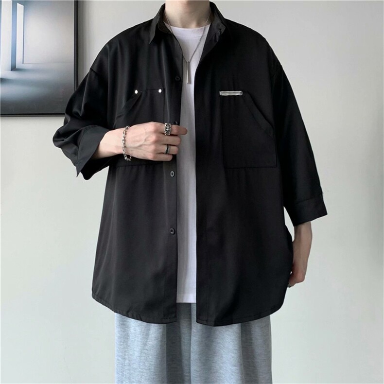 七分袖衬衫男港风百搭宽松衬衣夏潮流ins休闲工装外套 W1004-P30图片
