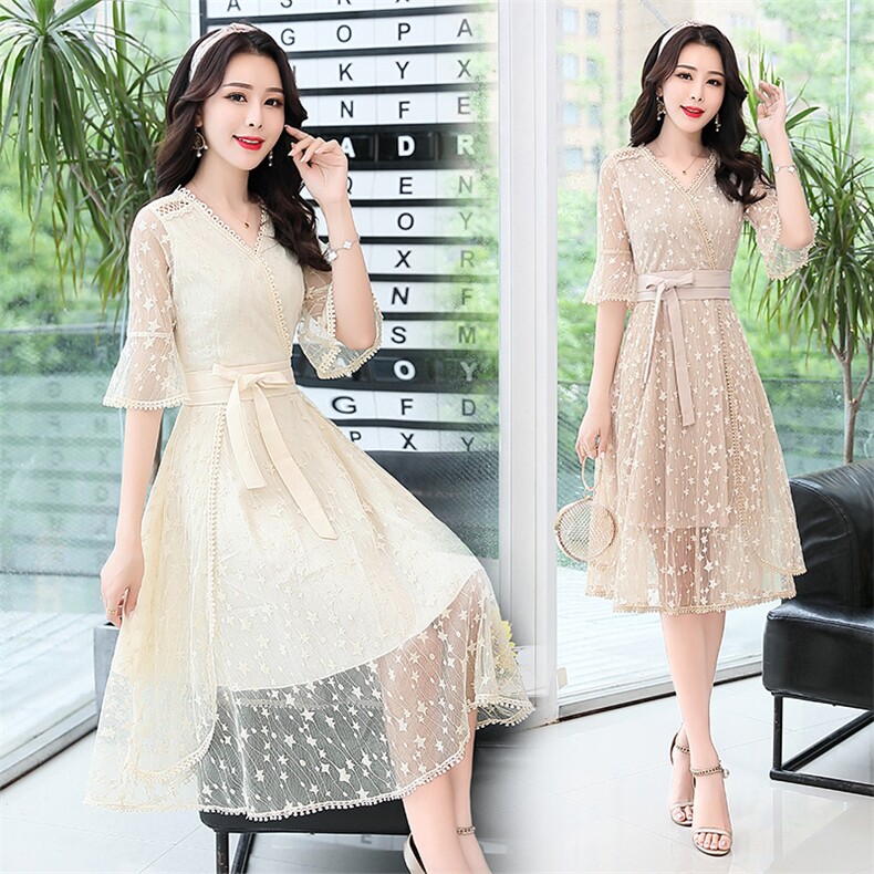 连衣裙蕾丝气质V领套头舒适简约五分袖2021年夏季中长款，女装连衣裙，阿菲诺依