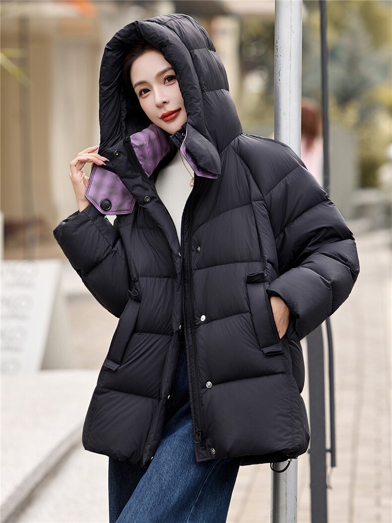 时尚撞色拼接90白鸭绒羽绒服2025冬季新款加厚连帽羽绒外套,女装羽绒服,沁沁公主