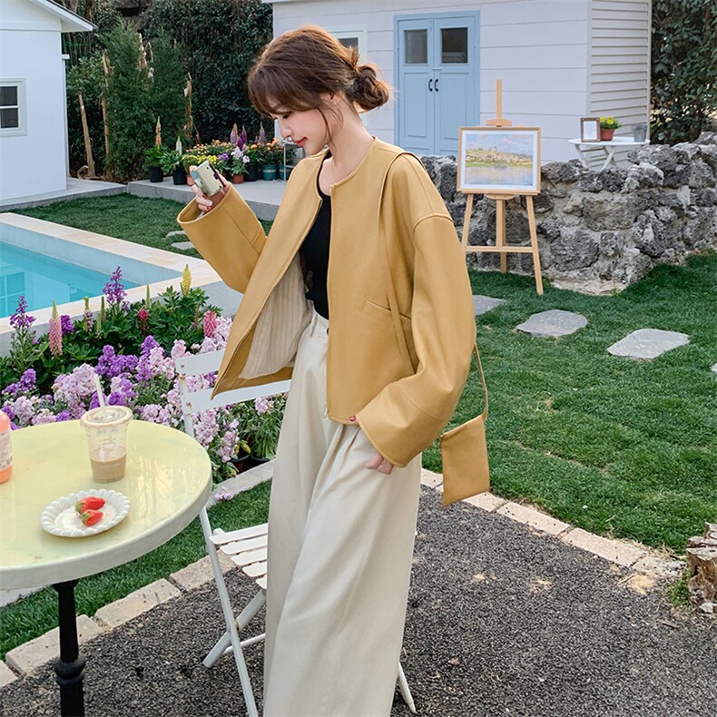 春秋新款女装时尚气质百搭显瘦短款外套女长袖圆领PU皮夹克上衣，女装短外套，维壹