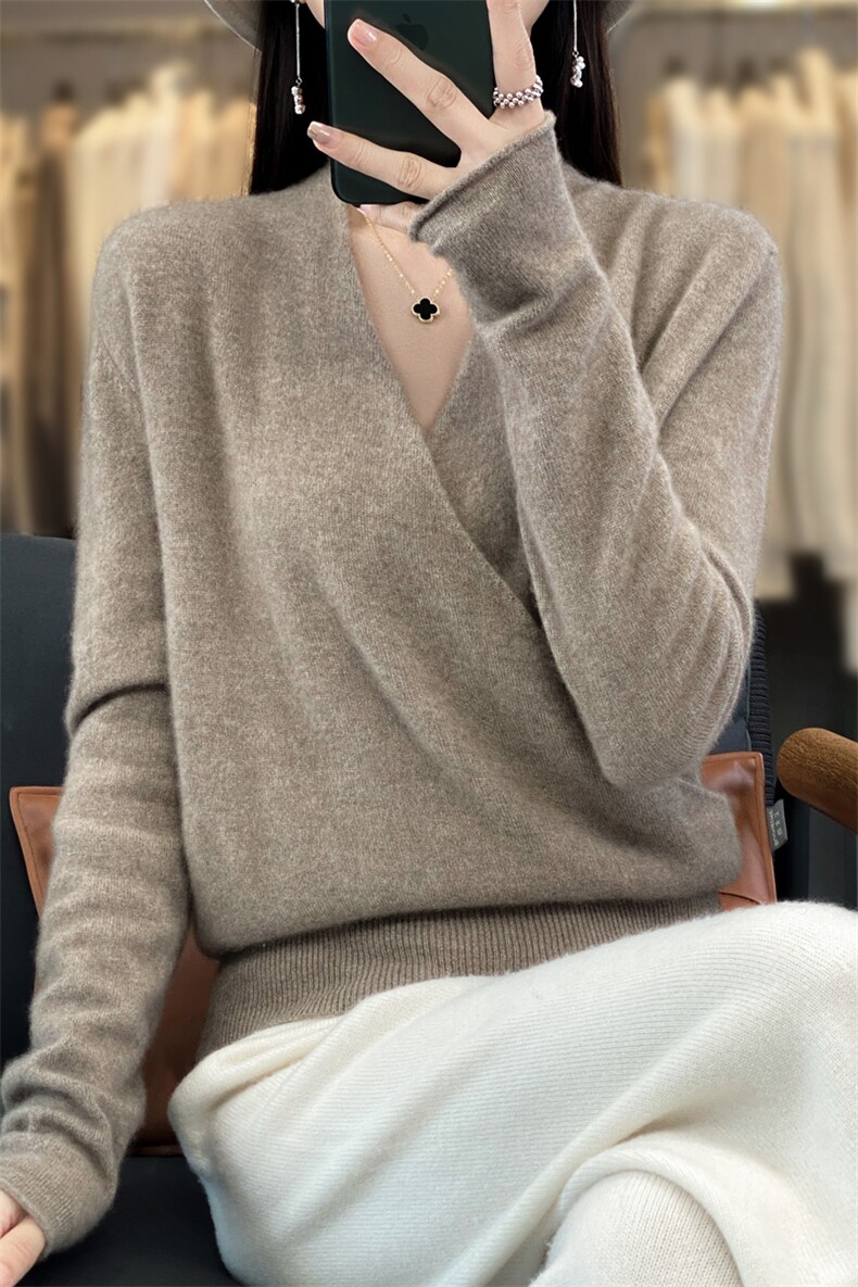 2025冬季新款交叉领羊毛衫女套头修身羊绒衫V领短款外穿和服毛衣,女装羊毛衫,九嘉羊绒