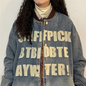 美式潮牌棒球服字母贴布牛仔外套春秋情侣撞色蓝色夹克J3355图片
