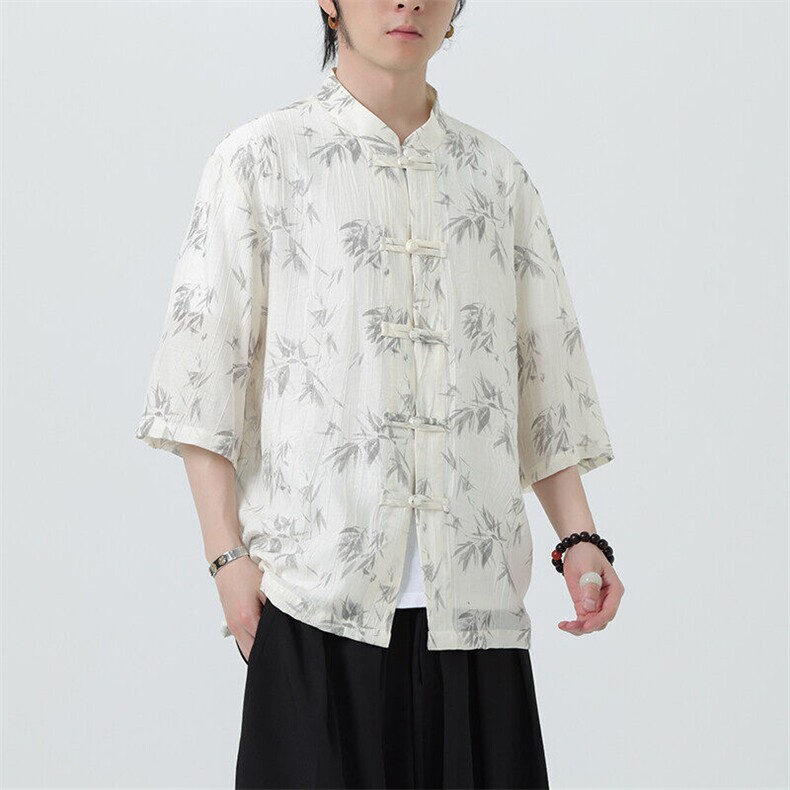 2025春季新款风男汉服盘扣新中式唐装竹叶印花衬衫 C107-P55图片