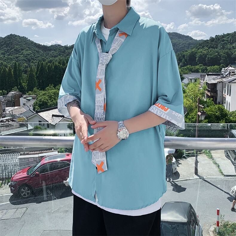 送领带衬衫男韩版潮流短袖拼色2022夏季新款ins宽松外套W2966-P32,男装衬衫,星座412-2