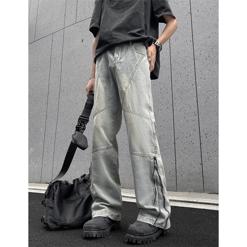 美式复古工装牛仔裤男水洗直筒裤vibe高街微喇裤子潮牌55222-p50图片