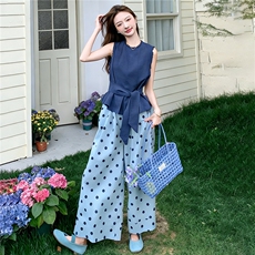 松弛感时尚洋气套装女夏季新款圆领无袖收腰上衣波点阔腿裤两件套，女装套装/套裙，江南