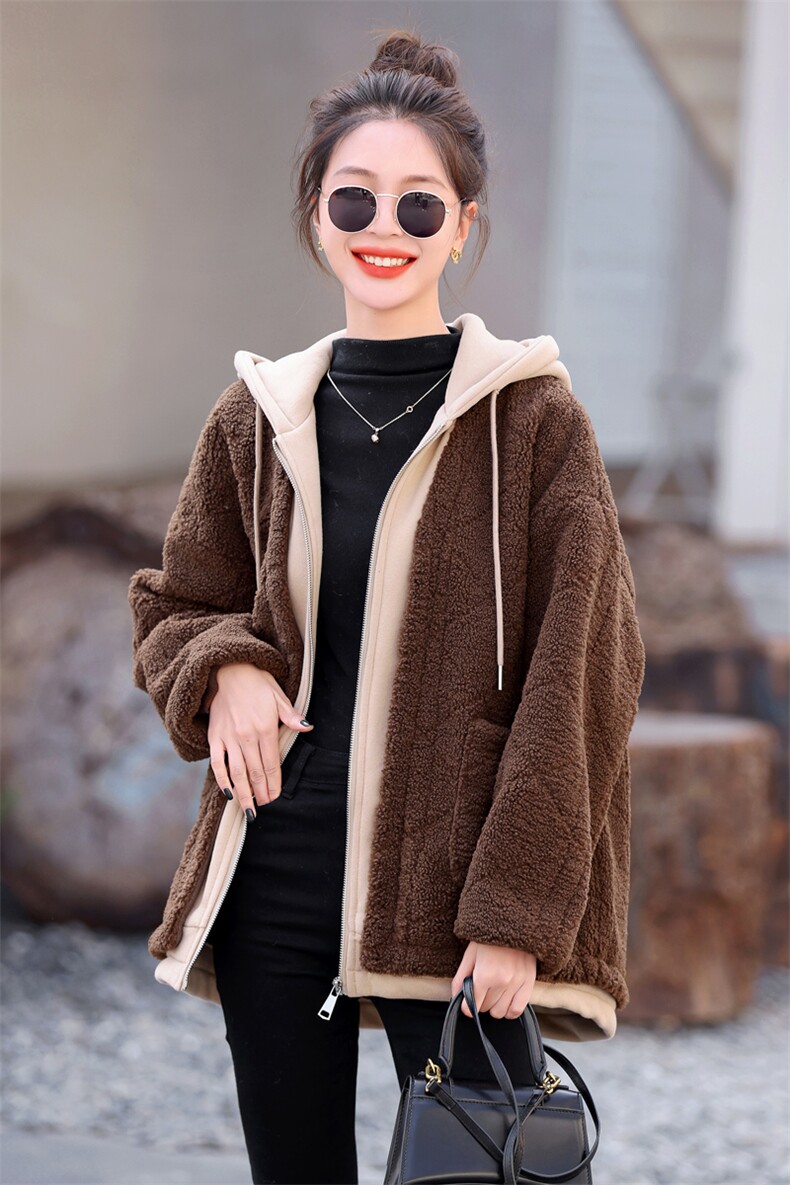羊羔绒皮毛一体短外套2023冬季新款韩版带帽拼接假两件宽松棉衣,女装棉衣/棉服,瑶迪依秀