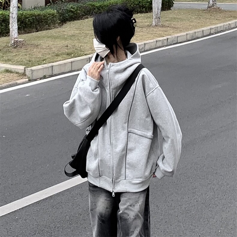 抖音得物高品质秋冬美式高街重磅结构辑明线纹理连帽卫衣外套W111,男装卫衣,电商A486