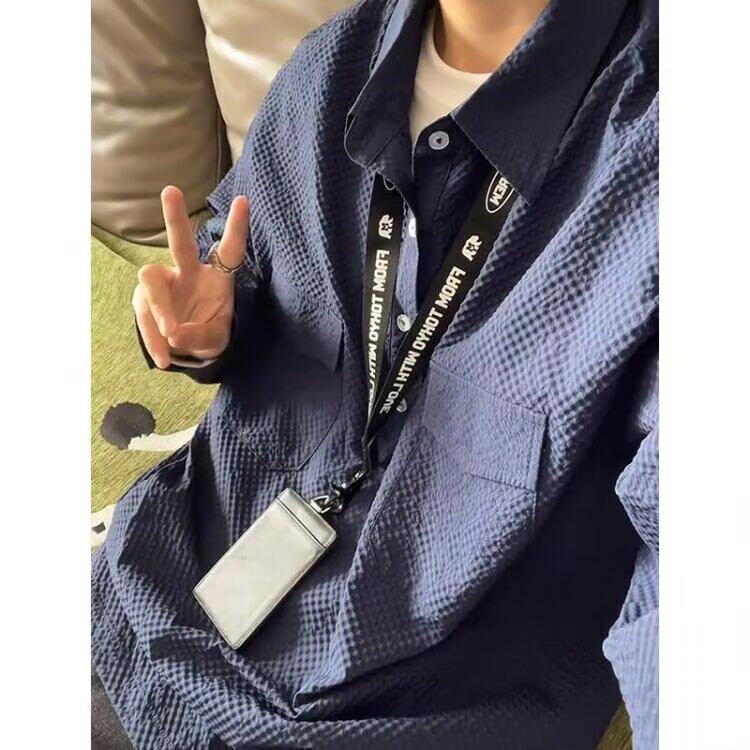 藏青色泡泡纱工装衬衫男春季设计感半开衫长袖衬衣美式Polo衫外套,男装Polo衫,星座1210-1