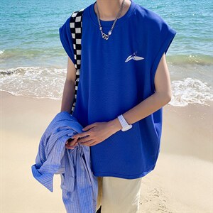 美式重磅无袖T恤男夏季潮牌三本针老头背心oversize篮球短袖汗衫，男装背心/马甲，电商019-1