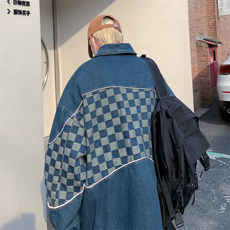 2024春季牛仔外套男款青少年美式复古潮牌做旧水洗棋盘格潮流夹克,男装夹克,星座410-7