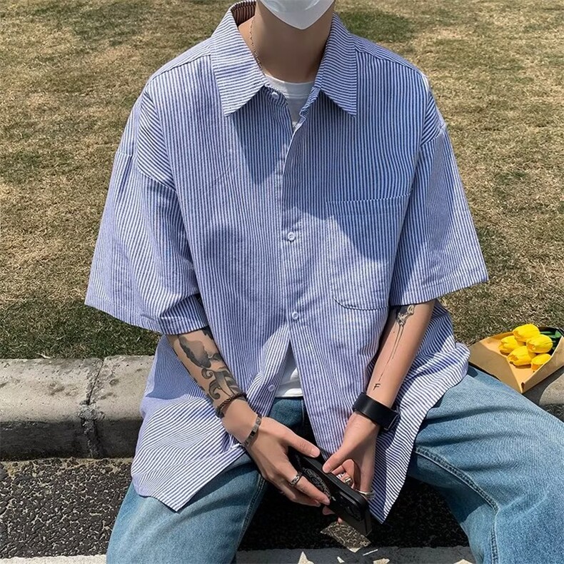 条纹短袖衬衫男女夏季cityboy百搭翻领衬衣薄款休闲外套-CC110,男装衬衫,星座601-2