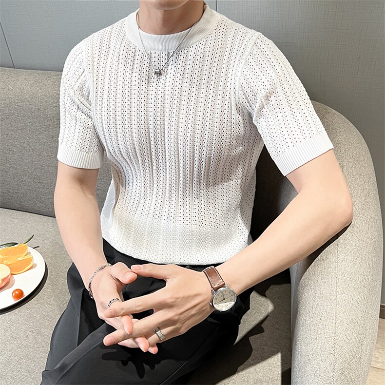 短袖男夏季薄款针织圆领T恤休闲纹理透气衫上衣T095-P45,男装T恤,星座308B-2