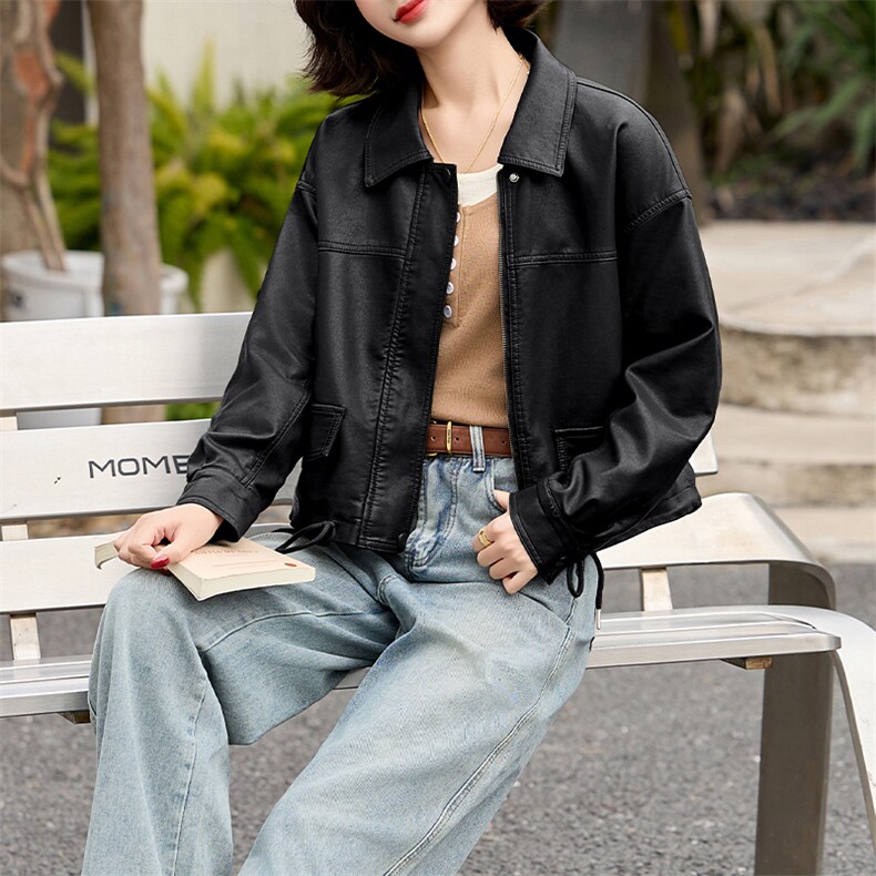 2025春季新款韩版休闲翻领短款皮衣抽绳外套女宽松百搭夹克上衣潮,女装皮衣,美拉德工厂直营店