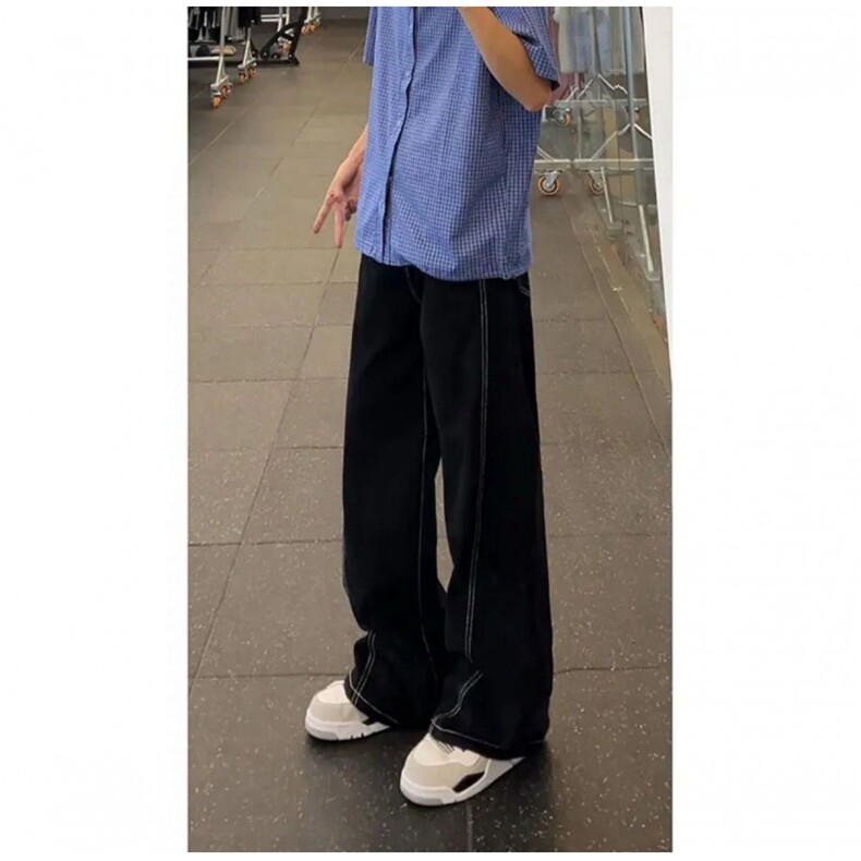 美式丹宁水洗黑色牛仔裤男春秋新款宽松高街直筒弯刀裤WL4377-P37,男装牛仔裤,星座1008