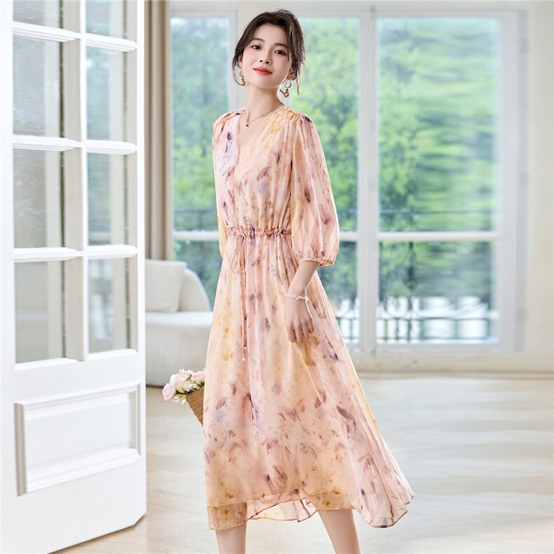 高档蕾丝拼接v领印花乔其纱真丝连衣裙2025优雅气质女士真丝,女装连衣裙,阿舍尔精品