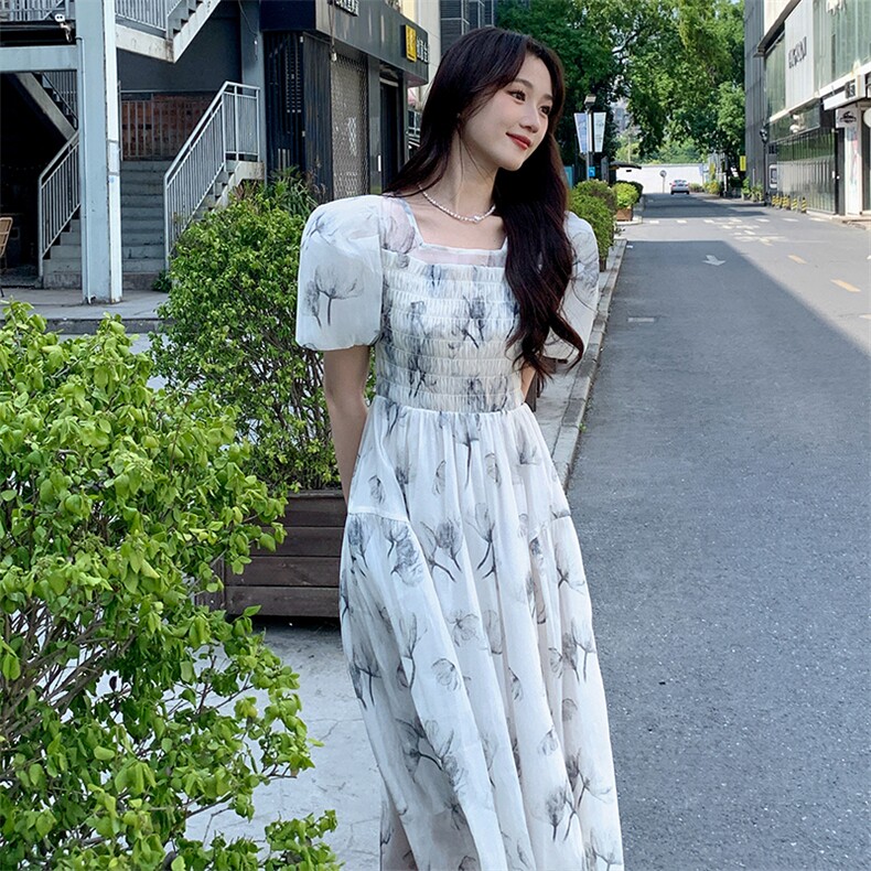 《现货新品》法式轻熟风泡泡袖水墨花连衣裙,女装连衣裙,MQ