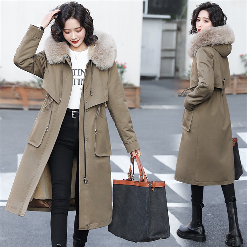 2022冬季新款时尚腰间抽绳修身气质真狐狸毛领舒适保暖连帽派克服，女装棉衣/棉服，时尚俏佳人