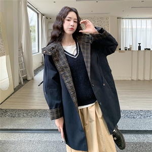 黑色韩版宽松显瘦格子拼接风衣女2025秋季新款小个子休闲穿搭外套图片