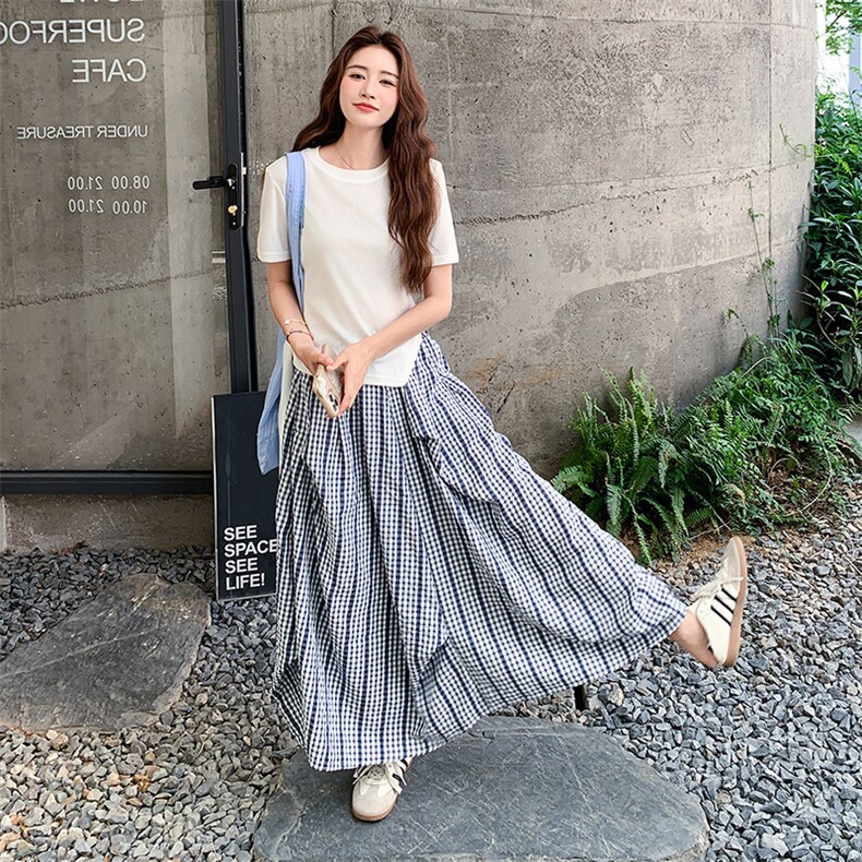 韩系格子半身裙套装女2025夏新款设计感不规则T恤短袖上衣两件套,女装套装/套裙,2C169